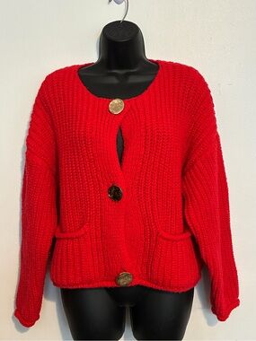 Sunday Up Women's Bright Red Chunky Button Cardigan Sweater